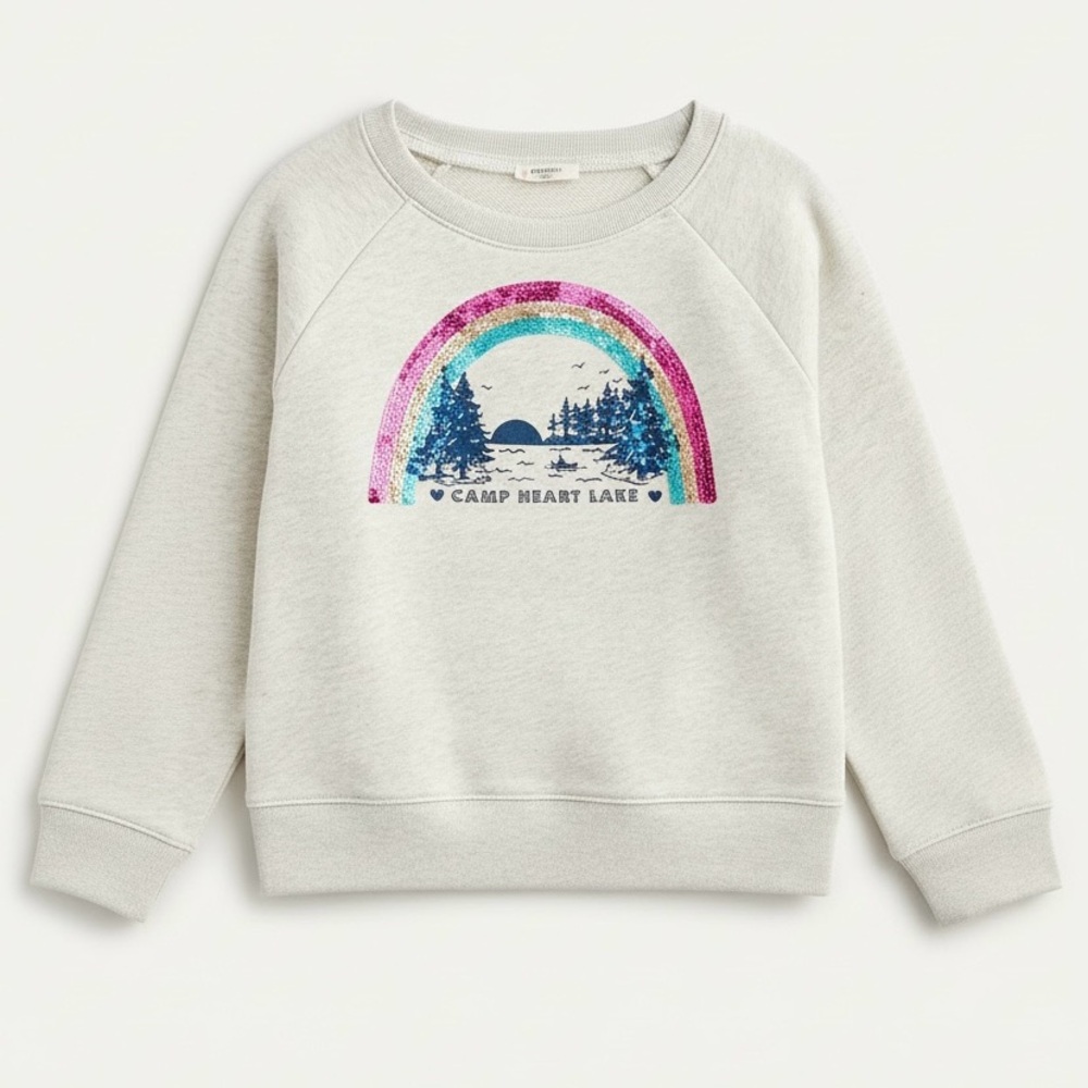 J.Crew Crewcuts Camp Heart Lake Sequin Rainbow Sweatshirt Gray Pink Girls S 6-7